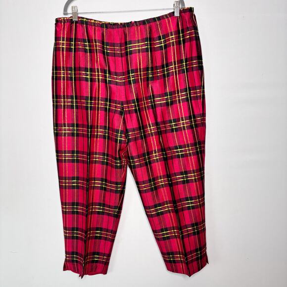 90s Silk Plaid Pants Size 2X Red Gold Metallic Flat Front Back Zip Ankle Classic - Picture 1 of 11